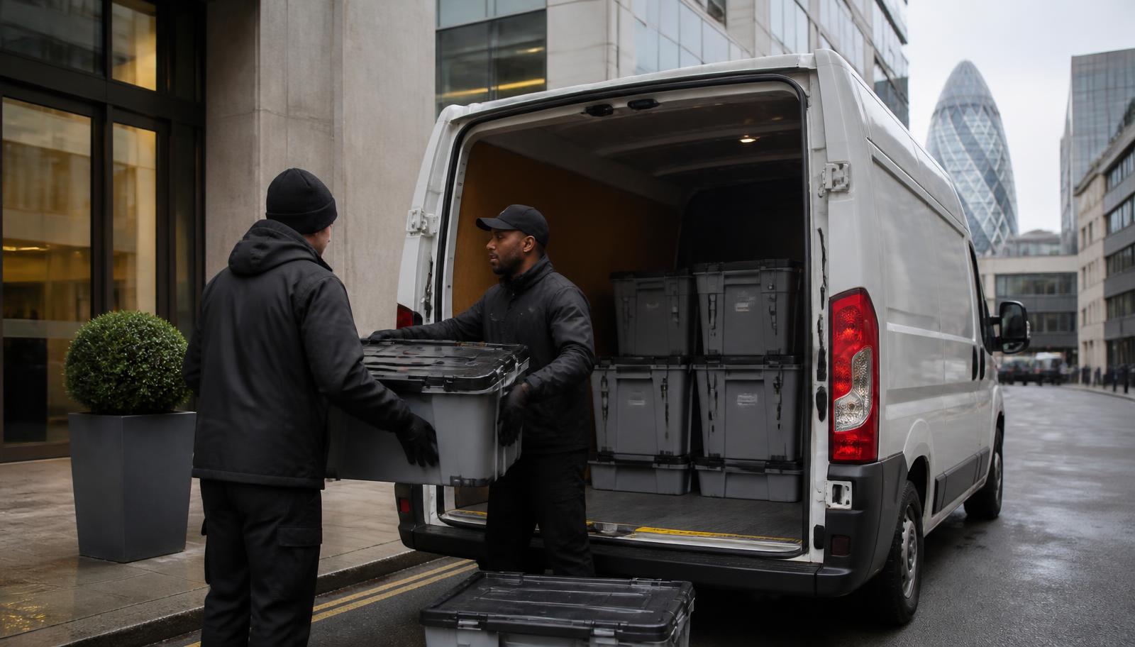 Sealed crates of IT equipment being loaded into a secure collection van outside a London office