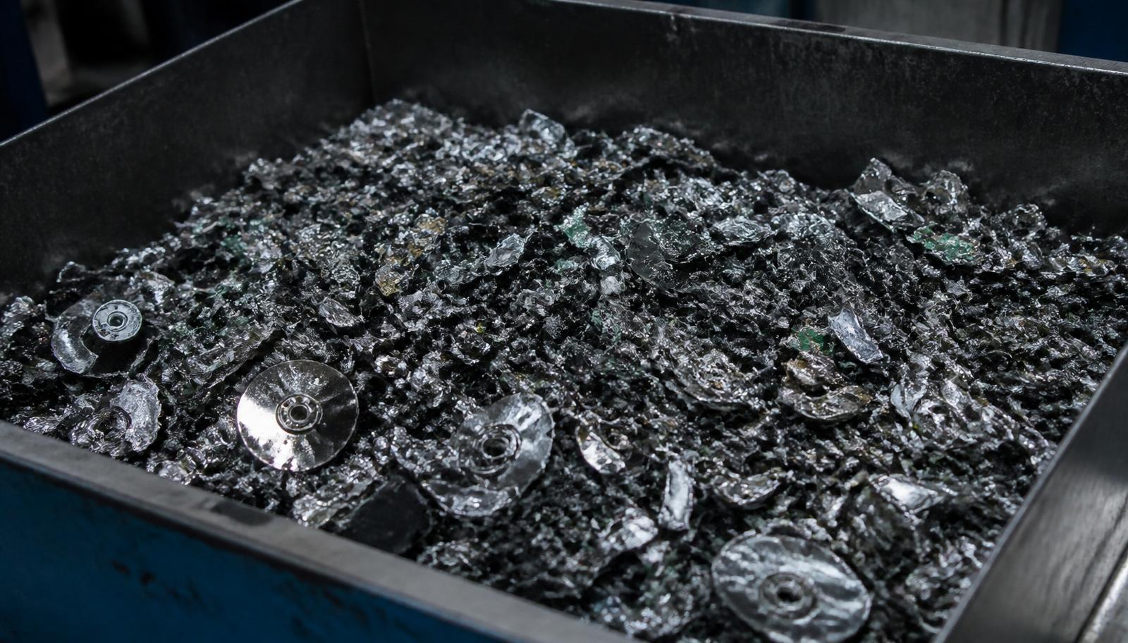 Fragments of shredded hard drive platters and circuit boards
